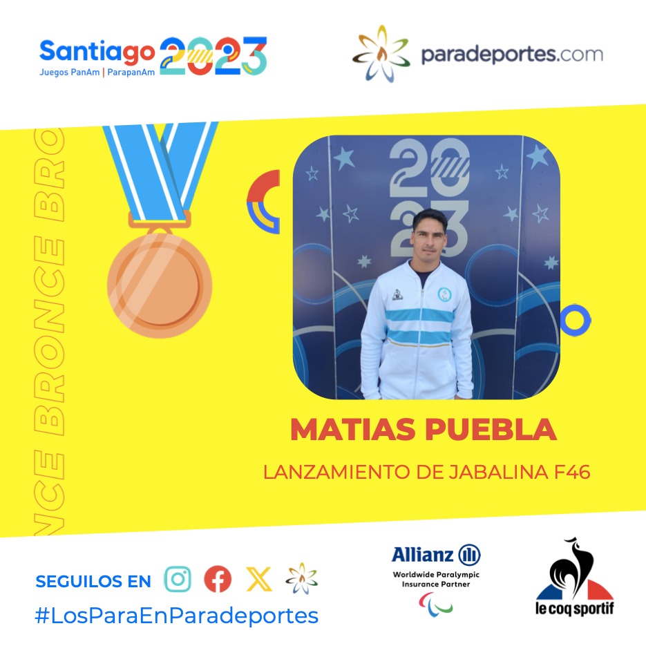 ATLETISMO: ¡MATÍAS PUEBLA, MEDALLA DE BRONCE! 🥉 

En final masculina de Lanzamiento de jabalina F46 Matías Puebla 🇦🇷 quedó tercero con una marca de 48,97 metros.
#JuegosParapanamericanos #Santiago2023
Vía:@ParaDeportesOK