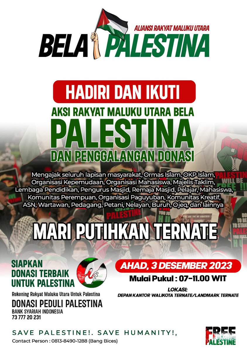 Maluku Utara satu suara!! Tolak penjajahan!! Kutuk GENOSIDA atas Gaza!! Akhiri agresi!! Dukung kemerdekaan Palestina. Jantung kota Ternate.

Bang Onim (Abdillah Onim S.E. Syariah.
Dewan Pembina NPC.
Putra Maluku.
Aktivis Kemanusiaan Indonesia.