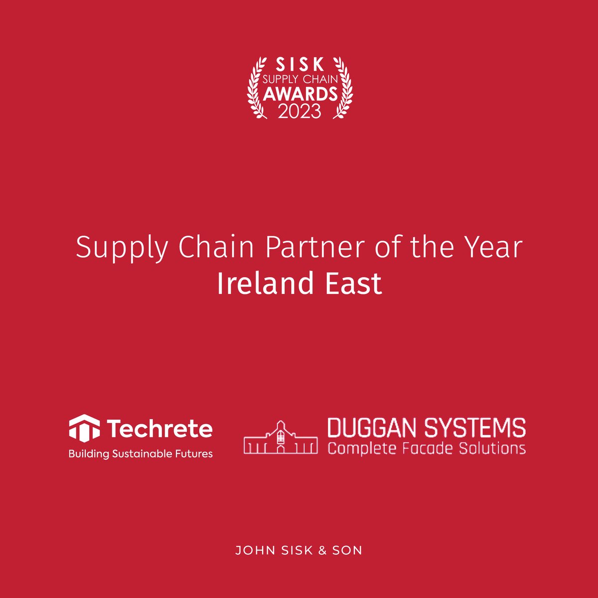 Our final winners of the night are…. @techrete and Duggan Systems Joint Venture winners in the ‘Supply Chain Partner of the Year – Ireland East!’ category. Congrats to both teams! #BuiltBySisk