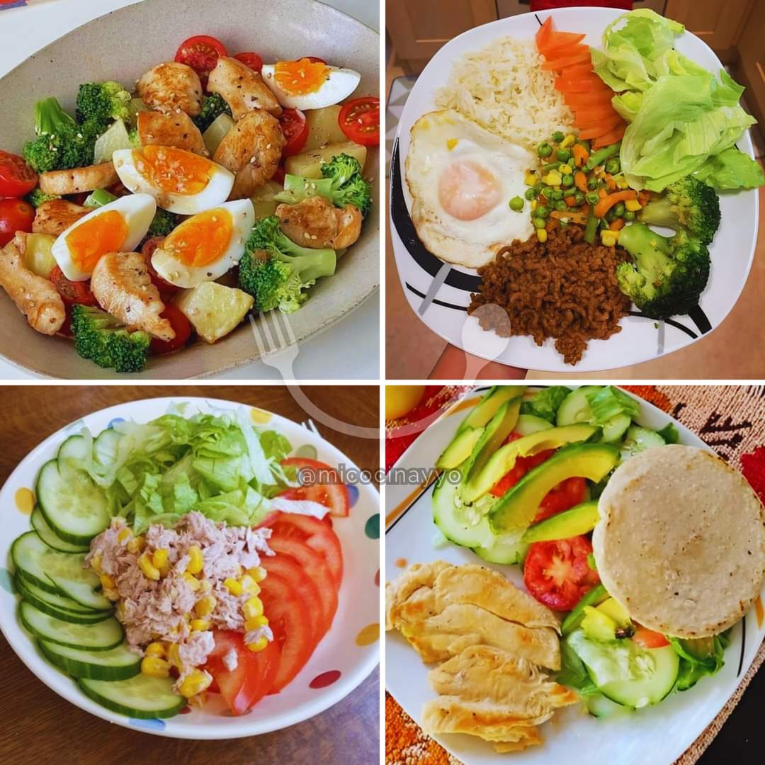 Opciones para tus Comidas 🥗🥦🍅🥕🌽🍗✅

PLATO 1 🥗
Ingredientes👩‍🍳
Brócoli 🥦
Huevo 🥚
Patatas (Papas) 🥔
Pechuga de pollo 🍗
Tomates cherry 🍅
Semillas

PLATO 2 🥗
Ingredientes👩‍🍳
Lechuga 🥬
Brócoli 🥦
Zanahoria 🥕
Huevo frito 🍳
Arroz 🍚
Carne molida 🍖
Maíz, Arvejas y vainitas