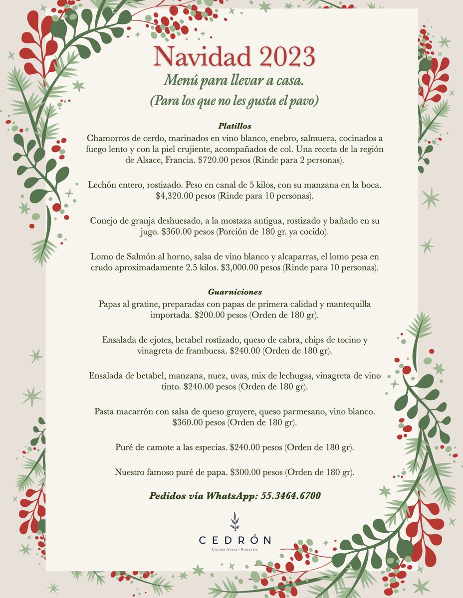 ¡Estamos listos para Navidad! Ya sea que vengas a celebrar con nosotros o prefieras disfrutar de nuestra cocina en tu casa, tenemos muchas opciones para ti. ¡Te esperamos!

📍Cedrón / Mazatlán 24, Condesa