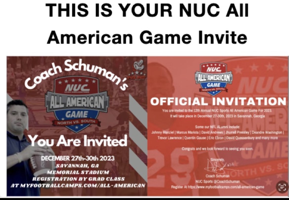 <a href="/_Chase_Salas/">Chase Salas</a> We would like to invite you to play in the NUC All American Game in Savannah, GA December 27-30th, 2023. This is quite an honor as 5 round 1st draft picks have played in the game and over 100 future draft picks. You are in great company. You can register directly