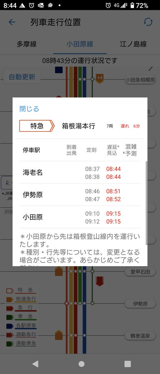 Taka_Kajiya's tweet image. 新宿からロマンスカー乗らずに正解。それにしても約6分遅れって、原因名にだろうか?新宿駅発7:30快速急行はほぼ定刻で順調に走行中です
#エスパルス鉄道部
#railwayfan
#shimizuspulse
#清水サポ清水遠征