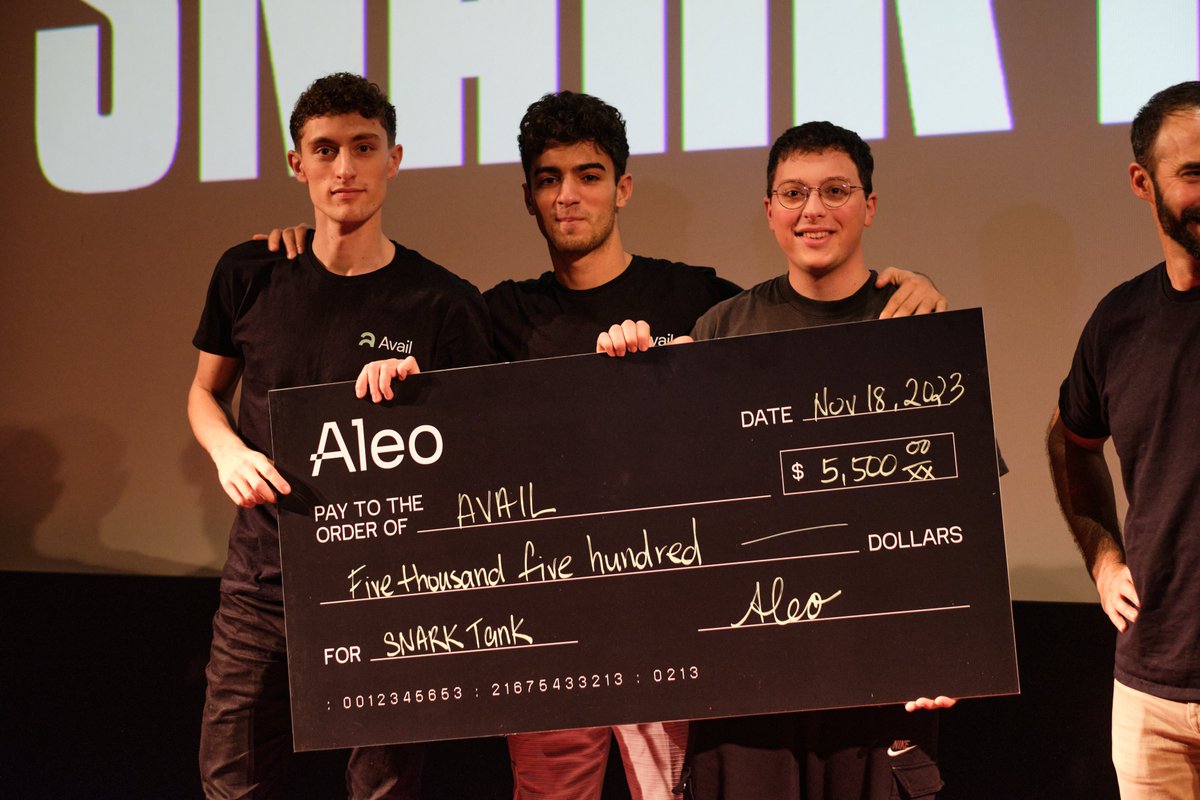 AleoHQ's tweet photo. Avail took home $5.5k at Snark Tank to continue building their private wallet and smart contract interface on Aleo.

Avail will offer: 
→ Private transfers
→ No-code contract generator
→ Wallet recovery

Congratulations to the @AvailWallet team 🏆 https://t.co/gXWtG96H6G