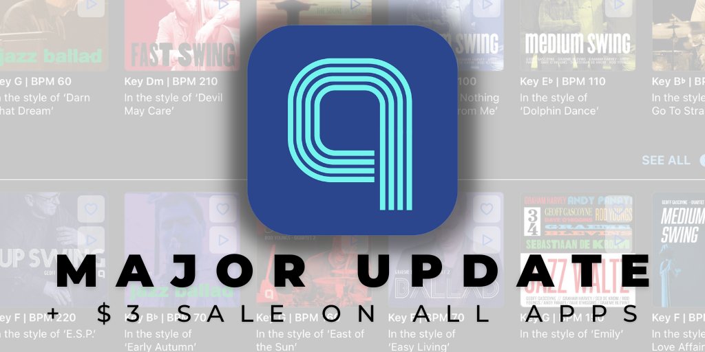 SessionBandApp's tweet photo. MAJOR UPDATE available now for Quartet 1 and 2. PLUS $3 limited time sale on all apps: Quartet 1 &amp; 2; Jazz300 and EVERY SessionBand app!
MAJOR UPDATE fixes pops and clicks on repeated sections. New repeat counter. New m4a audio export captures user-specified repeats PLUS more https://t.co/qdCgnRJQbC