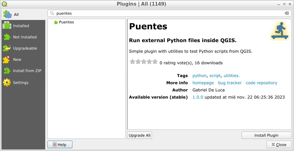 Hola! Quiero compartirles que ya está disponible Puentes, un complemento para correr archivos Python dentro de QGIS.

Con Puentes podés escribir código pyqgis en tu editor favorito y correrlo dentro de QGIS con un solo click.