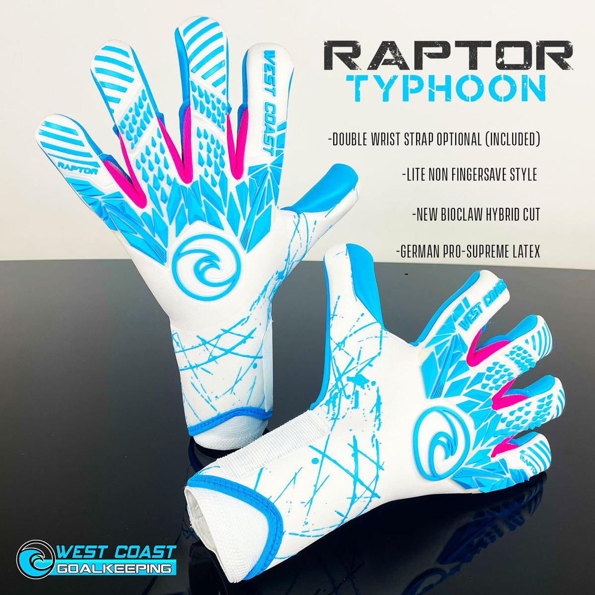 The FIRST new glove in our Raptor line: The Typhoon 🌀 The Raptor is a first of its kind BioHybrid claw cut and does not have finger saves for a light but sturdy feel.🧤 westcoastgoalkeeping.com/collections/we…