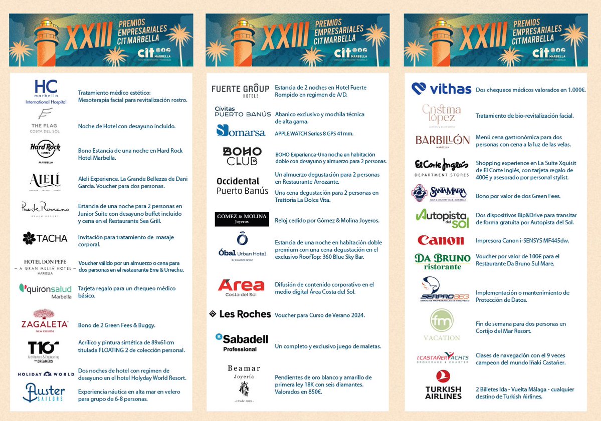 citmarbella's tweet photo. 🏅XXIII #PremiosCIT Gracias a todas las empresas participantes
🏥@quironsalud Tarjeta regalo para un Chequeo Médico Básico.
👩🔬@HCMarbella Tratamiento Mesoterapia facial
⌚️@SomarsaSA Apple Watch Series 8 GPS 41mm Grey
🏦@BancoSabadell Un completo y exclusivo juego de Maletas. https://t.co/rCb7yAmWWO