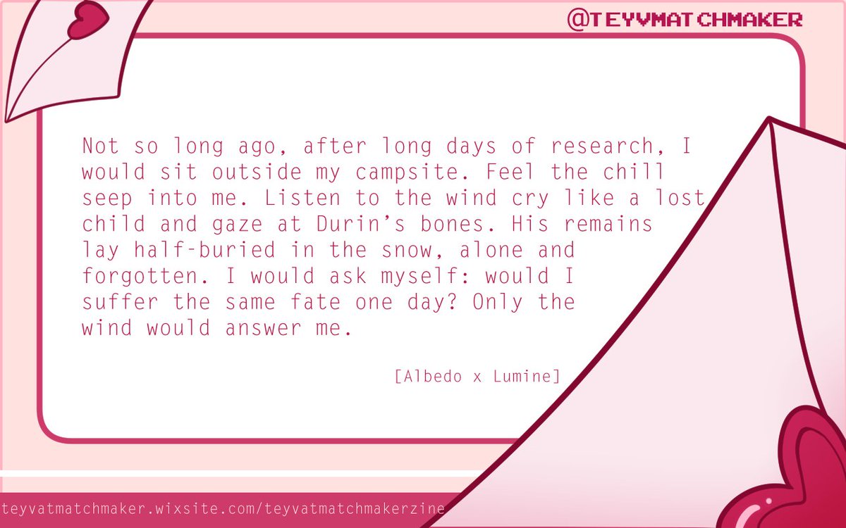 My guest writer previews for <a href="/Teyvmatchmaker/">Teyvat matchmaker zine</a>! Hurt/comfort #albelumi and #cylou coming your way. 🥺❤️