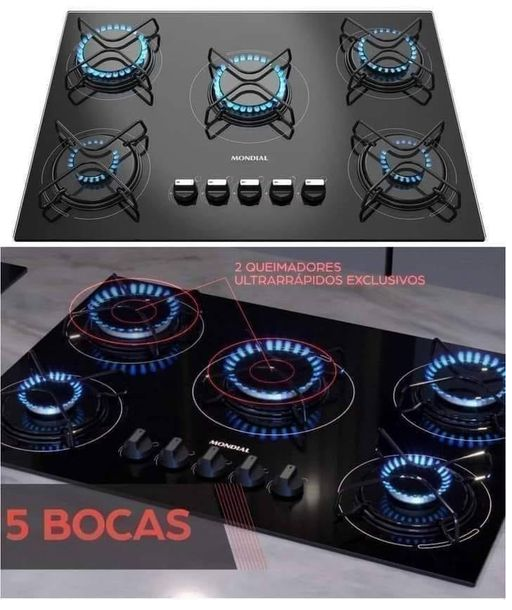 Cooktop a Gás, 5 Bocas, Mondial, Preto/Inox, Bivolt – CTG-02