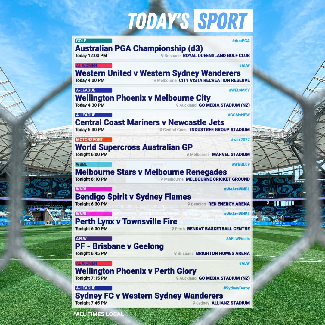 Sport on Today. Highlighted by the A-League Sydney Derby & AFLW PF. Adelaide 500 & HockeyOne Finals also on. Details at austadiums.com/sport 

#SydneyDerby #ALM #AFLW #AusPGA #WBBLStadiumSeries #WNBL24