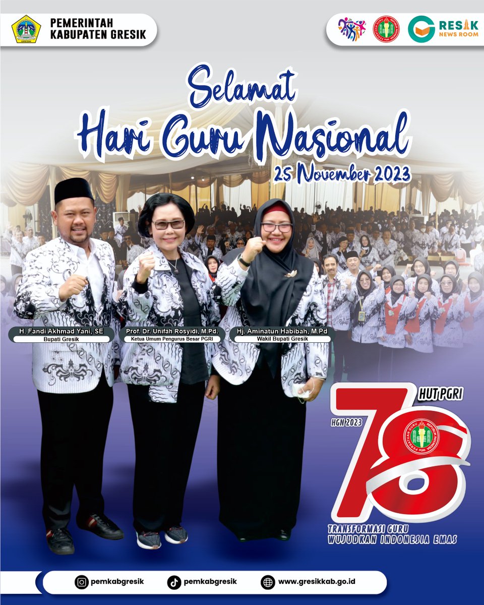 Pemerintah Kabupaten Gresik mengucapkan Selamat Hari Guru Nasional

Jasa dan kebaikannya akan tetap mengalir kapanpun dimanapun guru adalah teladan dan akan tetap menjadi seorang penerus untuk selalu mencerdaskan anak bangsa