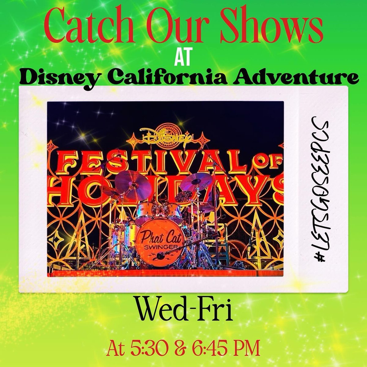 ✨Disney Festival of Holidays✨

Will we be seeing you there this year?! 

🎡 On the Paradise Gardens Park stage inside Disney California Adventure. 

⏰ Set times are at 5:30 PM &amp; 6:45PM 

🤳 Be sure to stop by in between sets to say hello! 

📸: @ alnanivibez on IG
