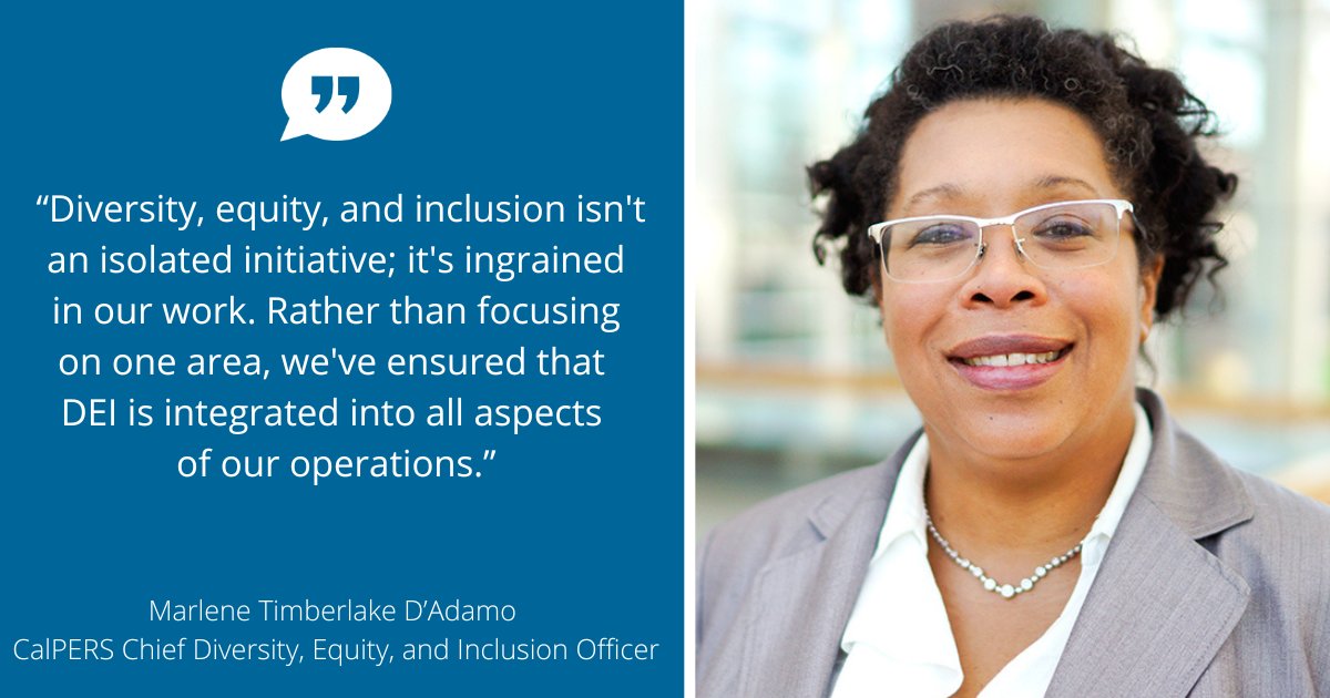 Marlene Timberlake D'Adamo, CalPERS Chief Diversity, Equity, and Inclusion Officer in an interview with <a href="/NCPERS/">NCPERS</a> discussed how DEI is integrated across our entire organization: bit.ly/47GDQZN.