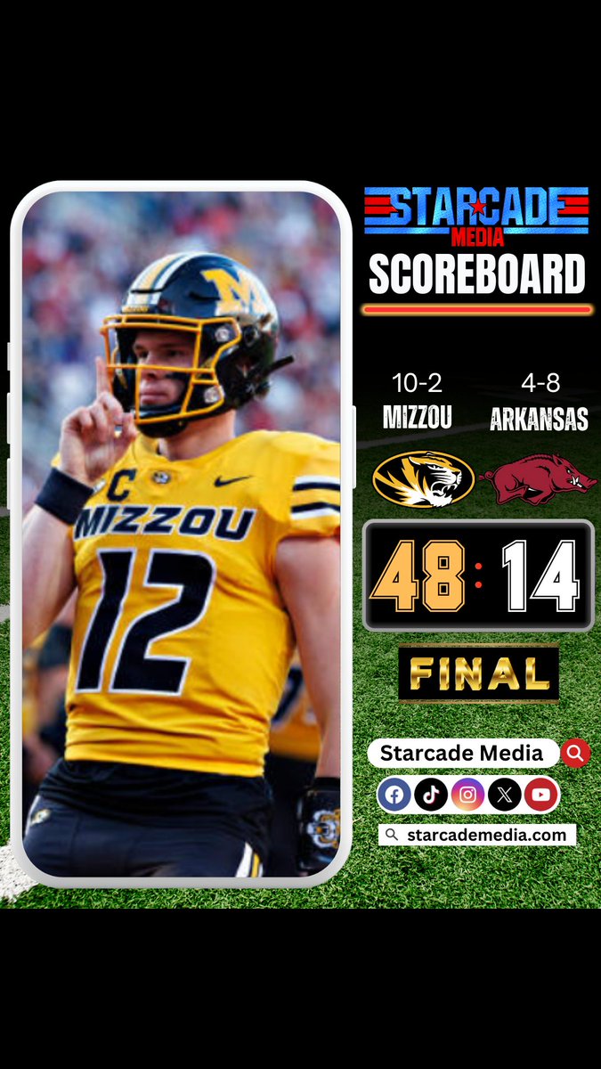 StarcadeMediaKC's tweet photo. #Mizzou are likely heading for a New Year's 6 Bowl as the Tigers finish the regular season 10 -2 after pummeling #Arkansas 48-14 in the #BattleLine rivalry. https://t.co/TrPMEFXSVZ