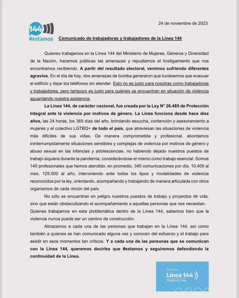 Comunicado de las trabajadoras de la línea 144. La violencia y el hostigamiento también afectan a las miles de mujeres que esperan una respuesta del estado frente a la violencia de género. Solidaridad con las trabajadoras