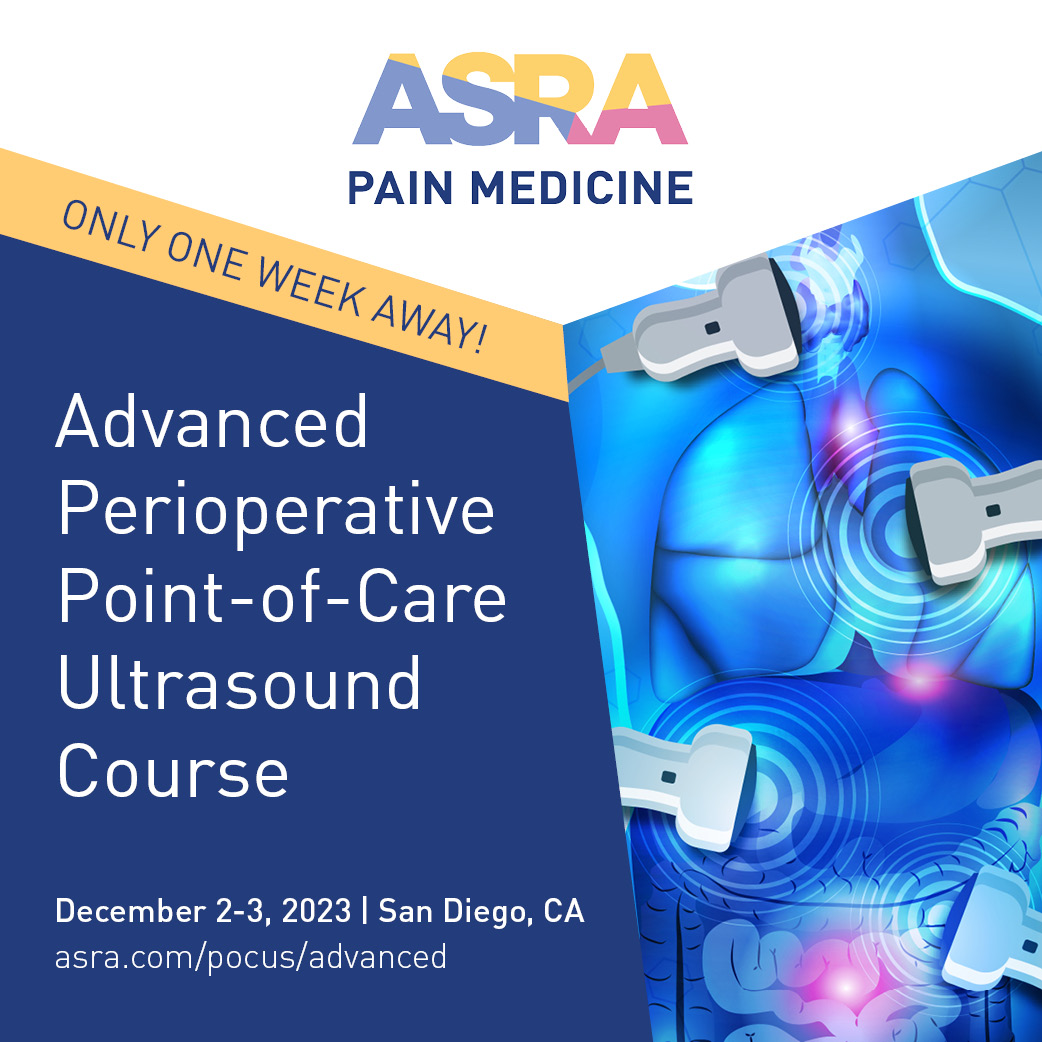 There is only ONE WEEK left until the first-ever Advanced Perioperative POCUS Course! Join us in San Diego and take your #POCUS skills to the next level in this master skills live immersion course. Start 2024 off strong and snag your spot! 🔗asra.com/pocus/advanced #ASRAPOCUS