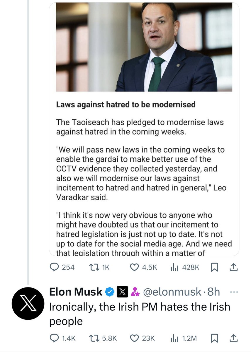 adrianweckler's tweet photo. Elon Musk says riot leaders’ politics right, govt/SF position wrong. Praises Conor McGregor’s intervention.

Extraordinary for a social platform owner. https://t.co/jl9vWzZs2g