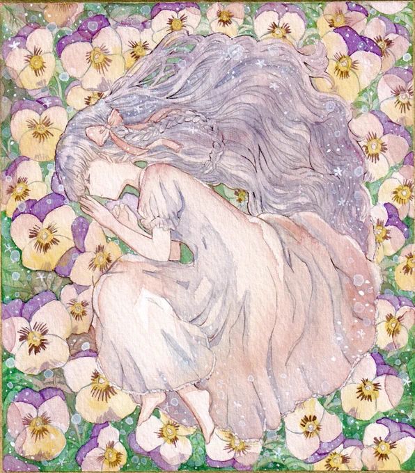 「ビオラのベット」公園のビオラが可愛いかったので前に描いたものを#イラスト #透明水彩 