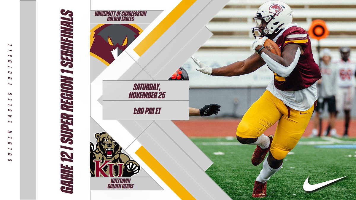 Hoping to see the entire city of Chucktown at the game tomorrow at 1 pm ET as your Golden Eagles battle with the PSAC-Champion Kutztown Golden Bears in the second round of the playoffs. Wear your maroon and gold! 🔴🟡⚪️