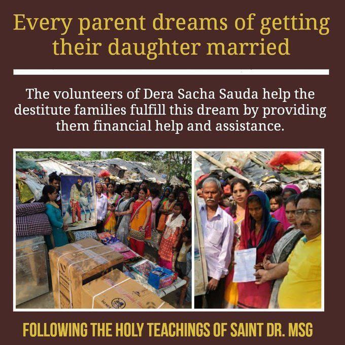 Kavya47885152's tweet photo. Destitute face difficulties to do their daughter's marriage due to dowry and expensive rituals 
Under 'Blessings' #Aashirwad  21st Welfare work started by Saint Ram Rahim Ji, #DeraSachaSauda help these families financially and in every possible task of marriage #SaturdayVibes https://t.co/fIJMIoUtZi