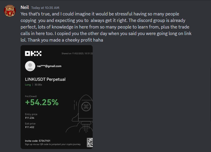 DaxxTrader's tweet photo. there’s a ton of black friday sales going on atm so figured I’d shoot something through for everyone in here

our Discord has been ramping up with consistent wins and think that’s one of the best value adds, so giving first month access to everyone for $1.

also have some new additions with one of the guys specialising in airdrop farming posting in there, so will help a bunch of you lower risk guys build up your wallet with little to no capital upfront depending on the airdrops. 

among some other killer traders you’re basically looking over the shoulder of with their trades.

you can join using the link in the comments: 

here’s a few posts from some of the members if you want to get a feel for the vibe in there!