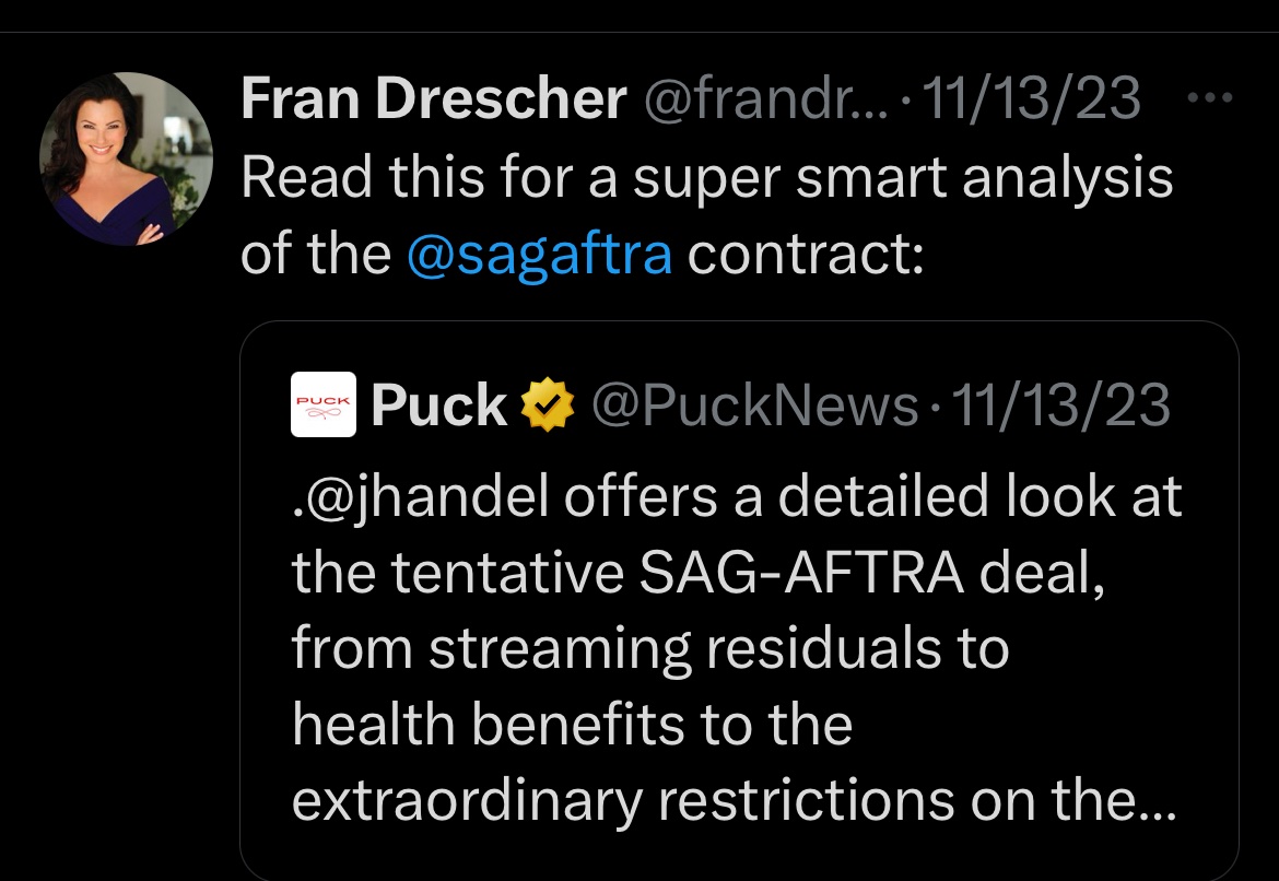 Amazing. 
SAG-AFTRA Prez @frandrescher  praising @TheGabrielle_C’s media lap dog @jhandel for his view of the contract. After writing nothing but @THR takedown stories against opposition party MembershipFirst this “journalist” was rewarded w/ a cushy SAG job - what a joke! #amptp