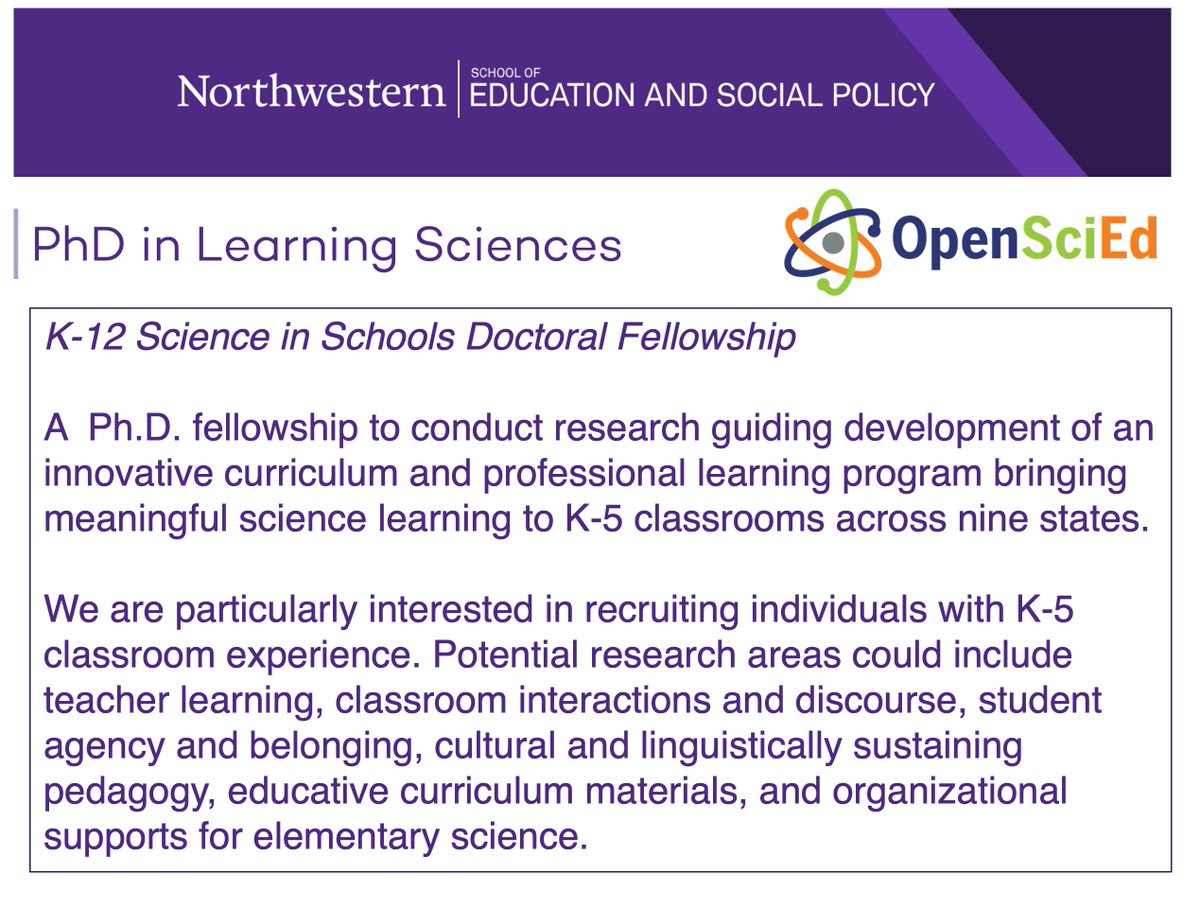 Considering a Ph.D. in science ed? Want to help K-5 students learn science that connects w/ their interests, identities, and communities? Join our team investigating @OpenSciEd storyline curriculum materials in K-5 classrooms. Info bit.ly/NU-LS @NGSSchat @sesp_nu