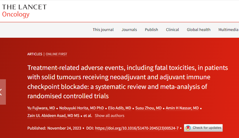 waraonc23's tweet image. Extremely glad to share our meta-analysis work focusing on the incidence of toxicity from perioperative checkpoint inhibitor therapy with fantastic collaborators!! @thenasheffect @adib_elio @AminNassarMD @ZainAsadEP @ACortelliniMD #SusuZhou #NobuyukiHorita in @TheLancetOncol 1/n