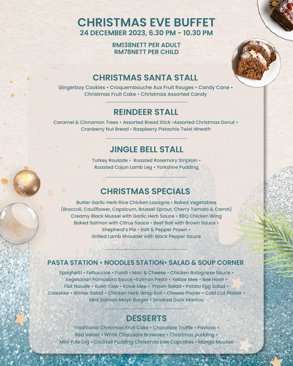 pullmanmiri's tweet photo. Our Christmas feast is set to sleigh your taste buds with a symphony of flavors! Come hungry, leave merry, and indulge in festive delights that will make your taste buds dance.

Reserve now via WhatsApp through this link: https://t.co/QohYlXzfYP https://t.co/K73nLhCC7P