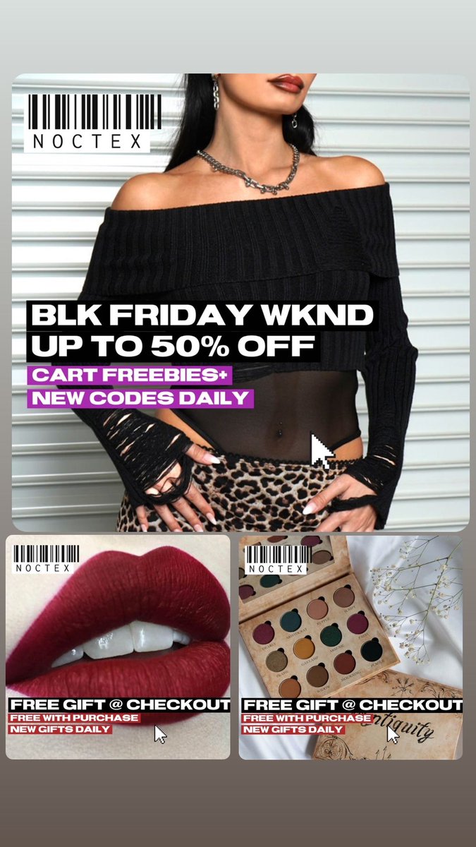 BLACK FRIDAY WEEKEND 
Starts now - new cart freebies every day 💫 New codes every day ‼️
We dont do big sales often and wanted to give a little xXxtra this season 
shopnoctex.com