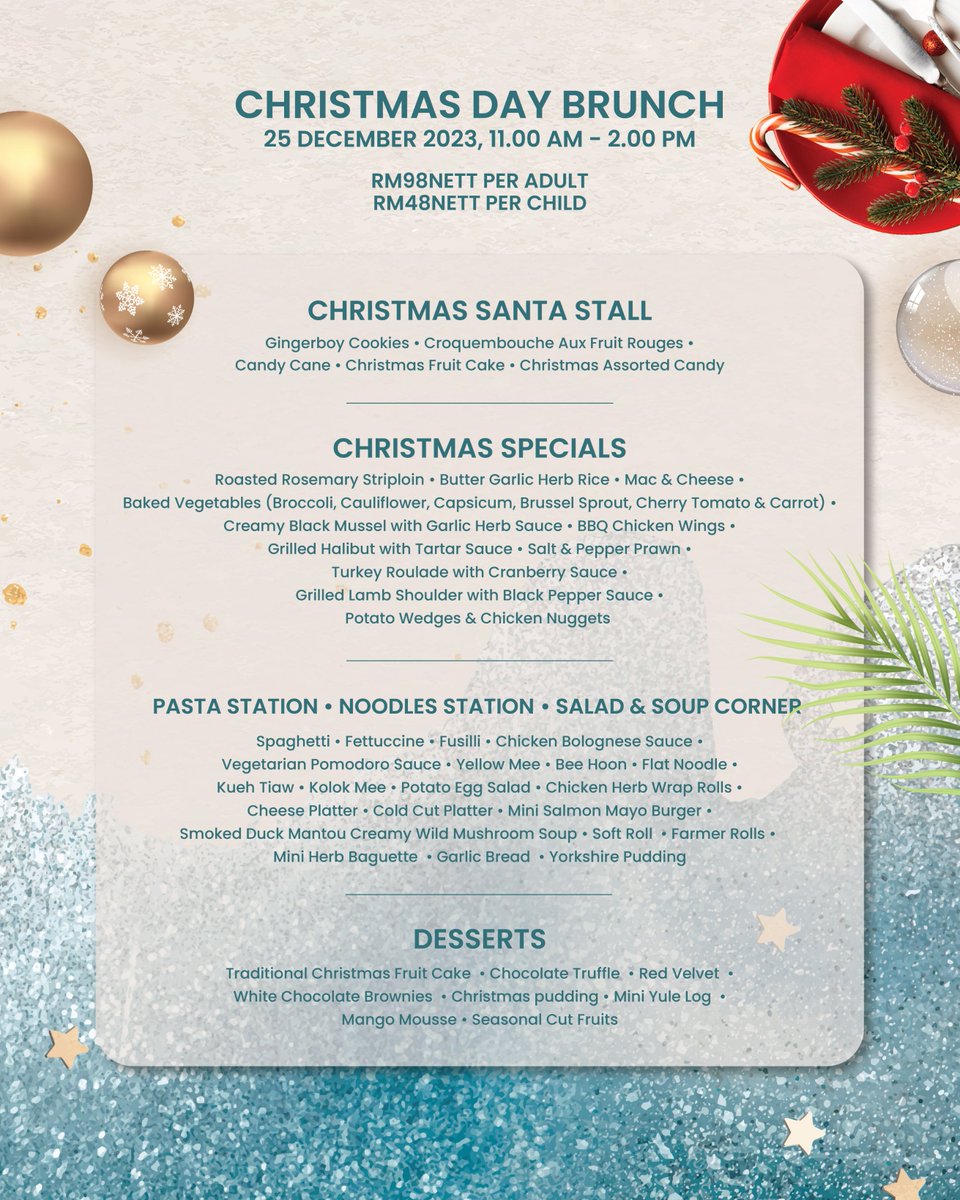 pullmanmiri's tweet photo. Our Christmas feast is set to sleigh your taste buds with a symphony of flavors! Come hungry, leave merry, and indulge in festive delights that will make your taste buds dance.

Reserve now via WhatsApp through this link: https://t.co/QohYlXzfYP https://t.co/K73nLhCC7P