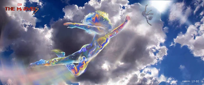 Monica_Flying_Keyframe. Explore her different superpower forms. Basically, based on the description,we want this to be bubble-like transparent, and rainbow colored.  #TheMarvels