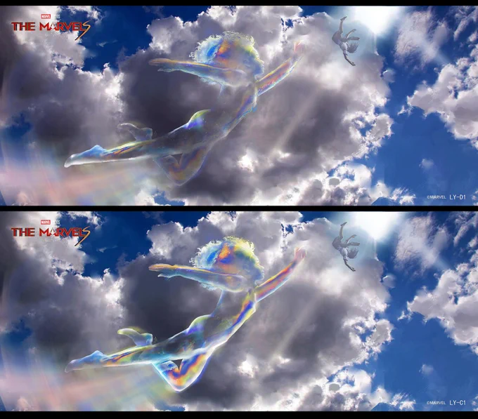 Monica_Flying_Keyframe. Explore her different superpower forms. Basically, based on the description,we want this to be bubble-like transparent, and rainbow colored.  #TheMarvels