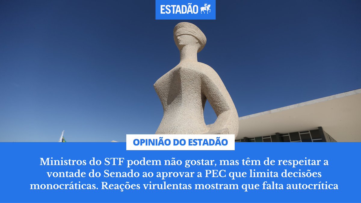 Estadao's tweet photo. EDITORIAL: ‘Reação inaceitável’ – Como mostra a experiência dos últimos anos, os ministros do STF têm em alta conta a possibilidade de suspender individualmente atos do Congresso. Trata-se de um poder individual imenso (via @opiniao_estadao) > https://t.co/veSrew5n8L https://t.co/RlkgqFEJt8