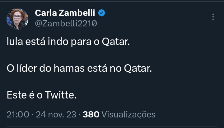 🚨CRIMINOSA: A Deputada Federal Carla Zambelli (PL-SP) cometeu mais um crime! <a href="/LulaOficial/">Lula</a> vai à COP-28 e já confirmou isso desde Julho. Quando o Presidente confirmou que passaria pelo Catar e Arábia Saudita, Israel estava bombardeando sem parar a Faixa de Gaza. O líder do Hamas
