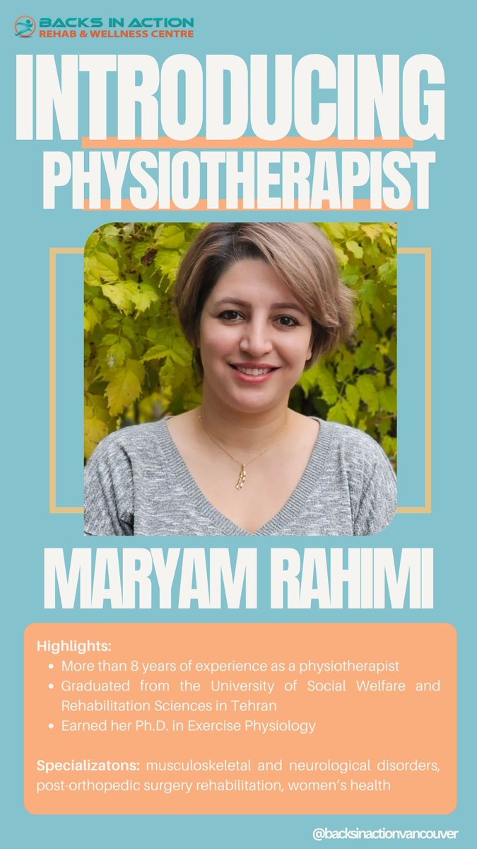 BacksinAction's tweet photo. Welcome our new physiotherapist, Maryam Rahimi!  #health #wellness #fitness #growth #balance #strength #healthcare #vancouver #clinic #vancouverclinic #physiotherapy  #multidisciplinaryclinic #integratedhealth #directbilling #backsinaction  #womenshealth #postoprehab https://t.co/IvnAueFgcw