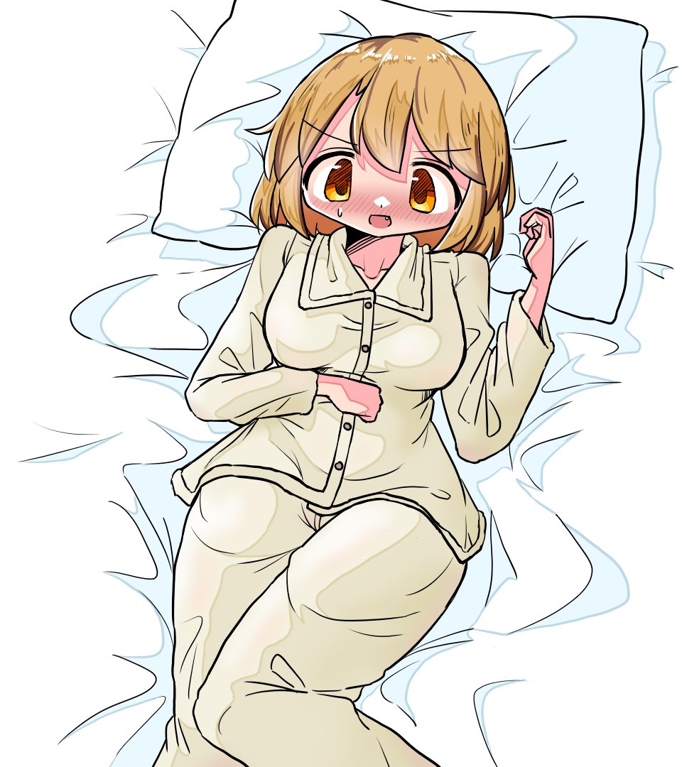 oboro (kancolle) 1girl pajamas solo blush pillow open mouth short hair  illustration images