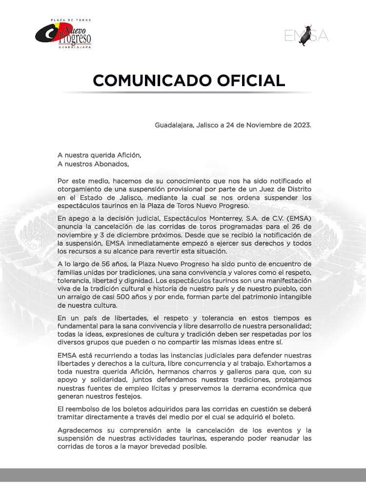 Primero entiendan la fiesta, es un tema cultural. Solo la fiesta brava genera más de 8 mil millones de pesos por año en México. Y esta decisión llevará a la extinción al toro de lidia o toro bravo.