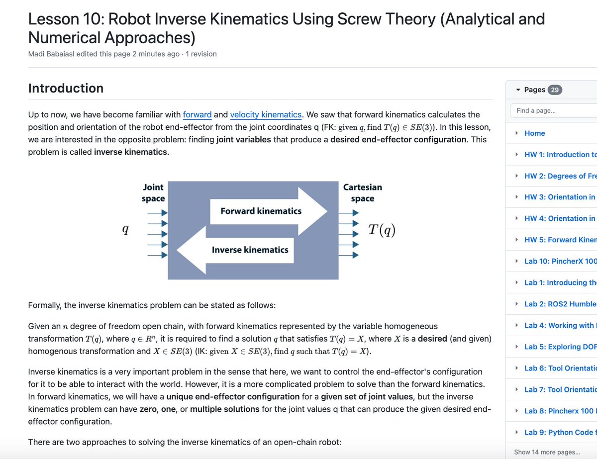 madibabaiasl's tweet image. Lesson 10: Robot Inverse Kinematics Using Screw Theory (Analytical and Numerical Approaches) is updated in the modern robotics wiki:
github.com/madibabaiasl/m…
This lesson will be followed by a project.
#inversekinematics #modernrobotics #saintlouisuniversity #slu #newtonraphson