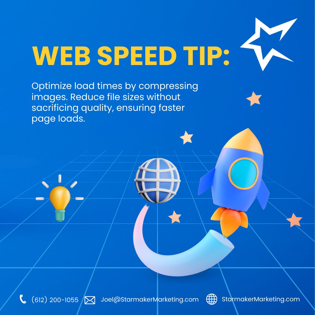 Comment 'TIP' if you agree with this message.

Contact us Now!
StarmakerMarketing.com

Web Speed Tip: Optimize load times by compressing images.

#usawebdeveloper #usaseo #usawebdesign #usasearchengineoptimization #digitalmarketing #branding #onlinemarketing #onlyinmn #mnlocal