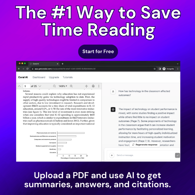 mattfigdore's tweet photo. The #1 way to save time reading is here.

Here's how it works:

1. Upload your PDF, document, or book.

2. Coral AI will answer any question about it, summarize, and give citations in seconds.

Try it out 👇