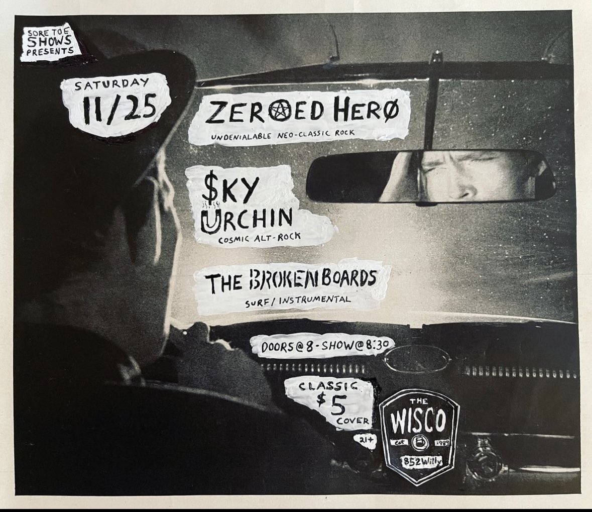 Tomorrow night at The Wisco! The Broken Boards, Sky Urchin, and yours truly! Doors at 8, show at 8:30. $5 cover. Bring it!
