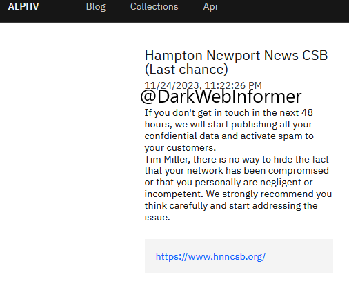 DarkWebInformer's tweet photo. ALPHV / BlackCat has given a 48 hour warning to Hampton Newport News CSB to get in touch, otherwise they will start publishing all of their data. #ALPHV #BlackAt #Ransomware #StopRansomware #DarkWeb #DarkWebInformer #Leaks #Leaked #Cyberattack https://t.co/3rtr8Ha5D4