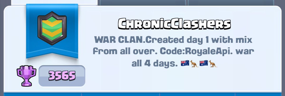 ChronicClashers's tweet photo. ChronicClashers is recruiting 
#PRPQ (look up) 
Clan Trophies: 3565
League: Legendary League
Position: no. 36 in Australia war clans 
Required Trophies: [5500]
*4 spots free now*
Aussie WAR clan created day 1 with a mix of players from all over (so really international) https://t.co/yCCIZCJ6zm