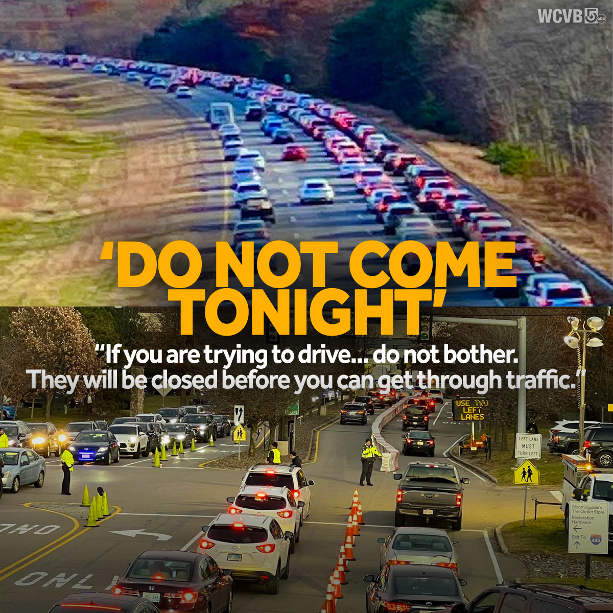WCVB's tweet photo. How long would you wait?  Police in Wrentham reported delays of three hours to get into the outlet stores, with traffic backing up for miles on Interstate 495.  Shoppers in Natick also reported getting stuck in gridlock amid Black Friday shopping.  https://t.co/ZSLD9ha35t https://t.co/QiCs5AEbx1