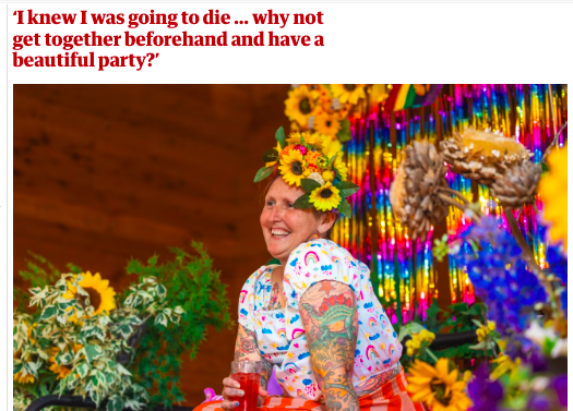 This week, Annie Werner told me about her living wake,  and how normalising the processes around death 'makes it easier to face it, and to grieve'.  

Her grace and generosity will stay with me for a long time, as will the joy of her 'Ultimate Celebration' theguardian.com/society/2023/n…