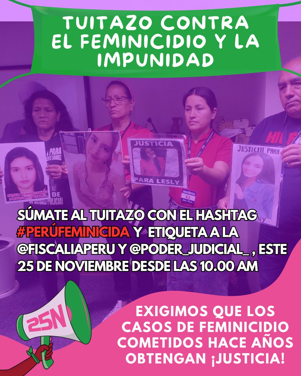Convocamos a colectivas, organizaciones y sociedad civil a un tuitazo para este #25deNoviembre desde las 10.00 a.m. usando el hashtag #PerúFeminicida etiquetando a @FiscaliaPeru y al @Poder_Judicial_ para exigir ¡Justicia! para las víctimas de Feminicidio y sus familias 💜💚💪🏼
