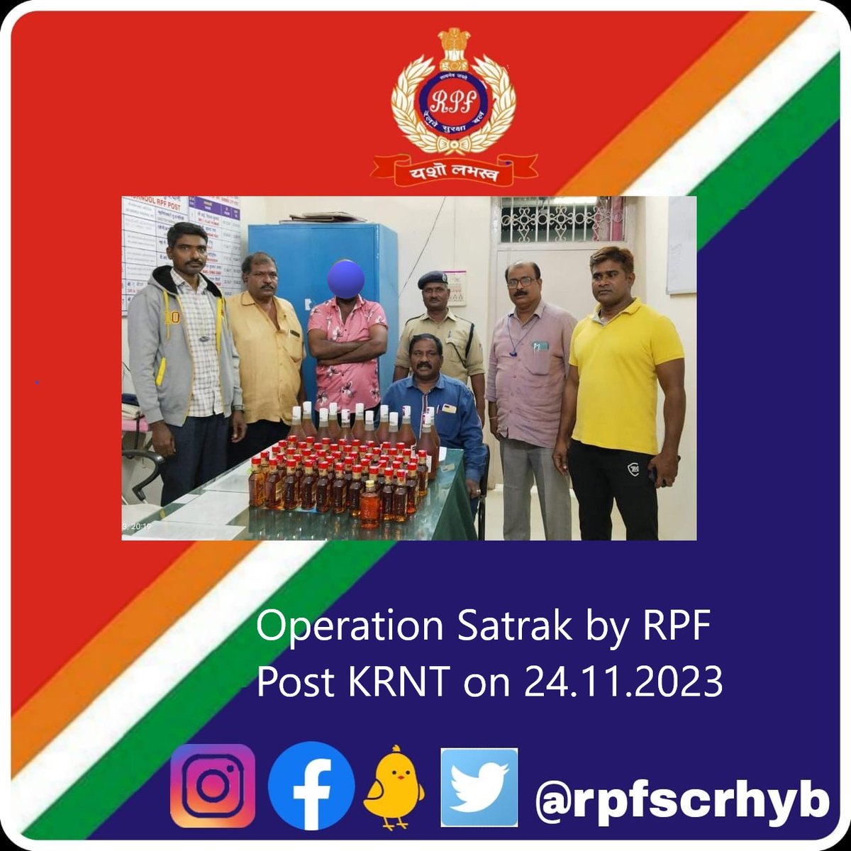 rpfscrhyb's tweet photo. #RPF #Kurnool intercepted 61 liquor bottles being Illegally transported by train valued at Rs.17,070/-. Apprehended 01 &amp; handed over to #ExciseAndProhibition for further action. #OperationSatark.
@RPF_INDIA

@SCRailwayIndia

@RailMinIndia

@rpfpckrnt https://t.co/h9cSAosdwG