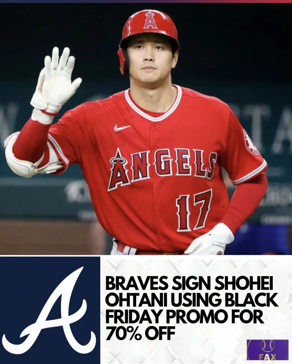 🚨 BREAKING NEWS 🚨

The Braves and Shohei Ohtani are in agreement on a deal, multiple sources tell Fax Sports.

Atlanta outbid the Dodgers with a Black Friday coupon for 8 years and $140M with a club option for year 9.

"I can't wait to donate the rest to the Atlanta Braves